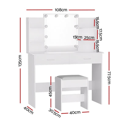 Artiss Dressing Table Set Stool 10 Led Bulbs White Dulcea