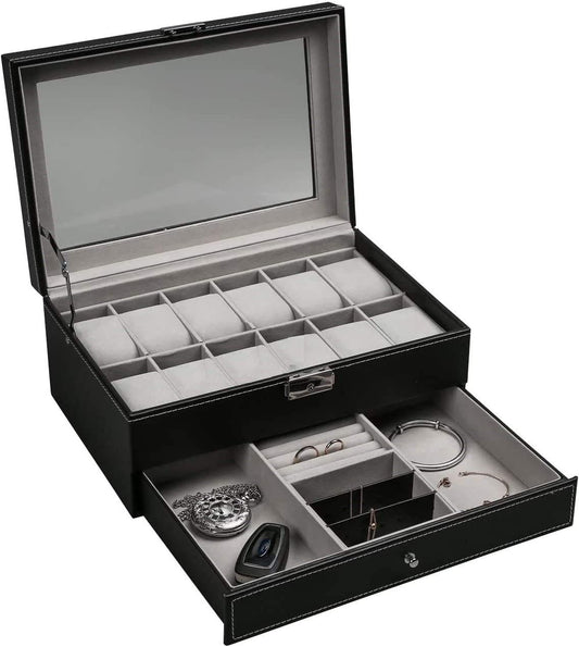 12 Slot PU Leather Lockable Watch and Jewelry Storage Boxes (Black)