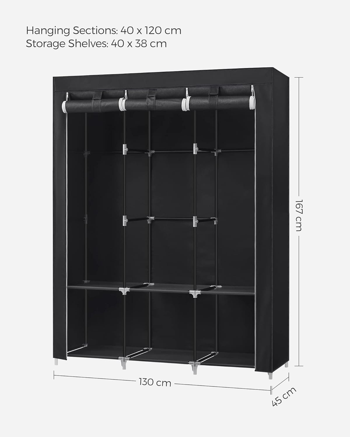 SONGMICS Clothes Wardrobe Portable Closet with Cover and 3 Hanging Rails Black RYG092B02