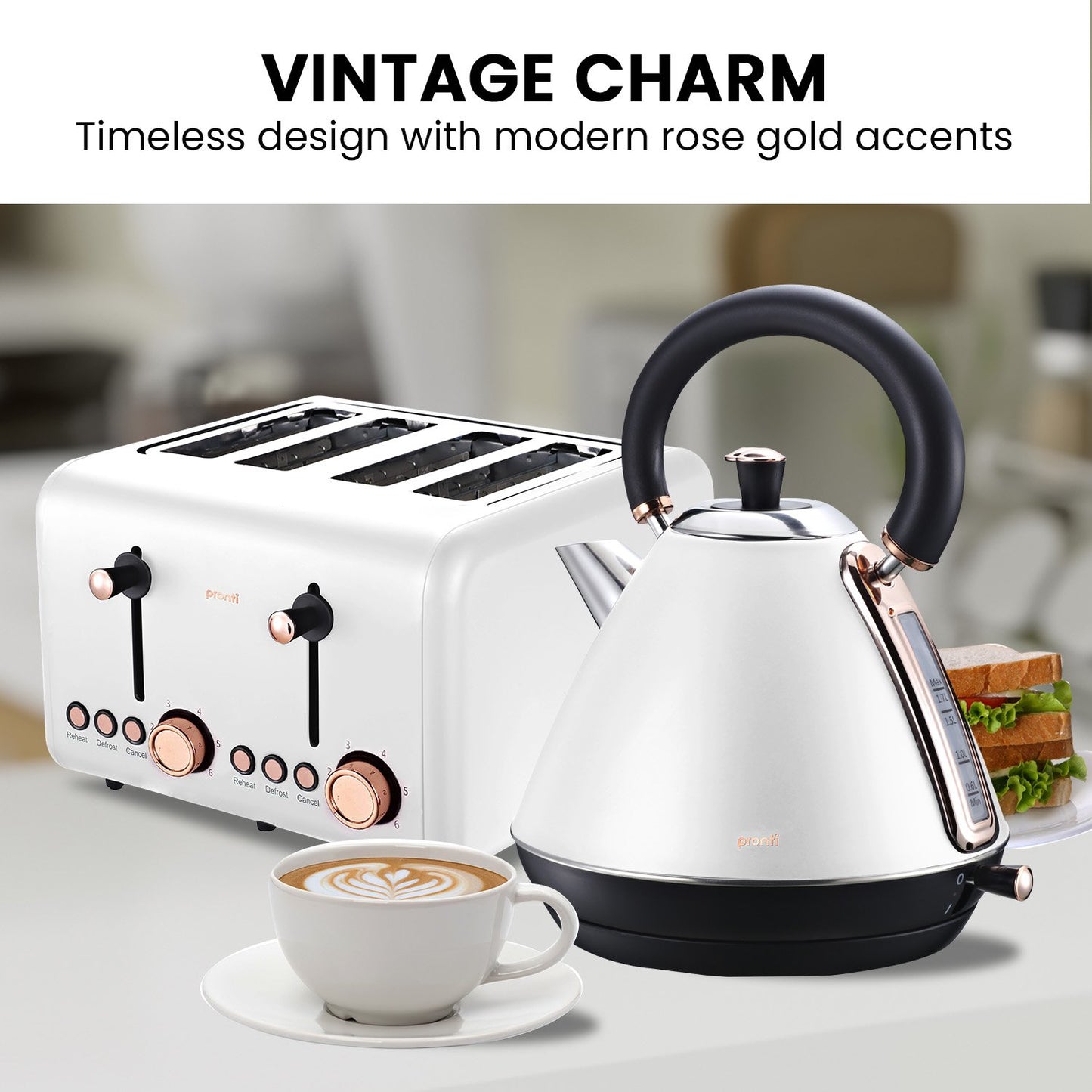 Pronti Rose Trim Collection Toaster & Kettle Bundle - White