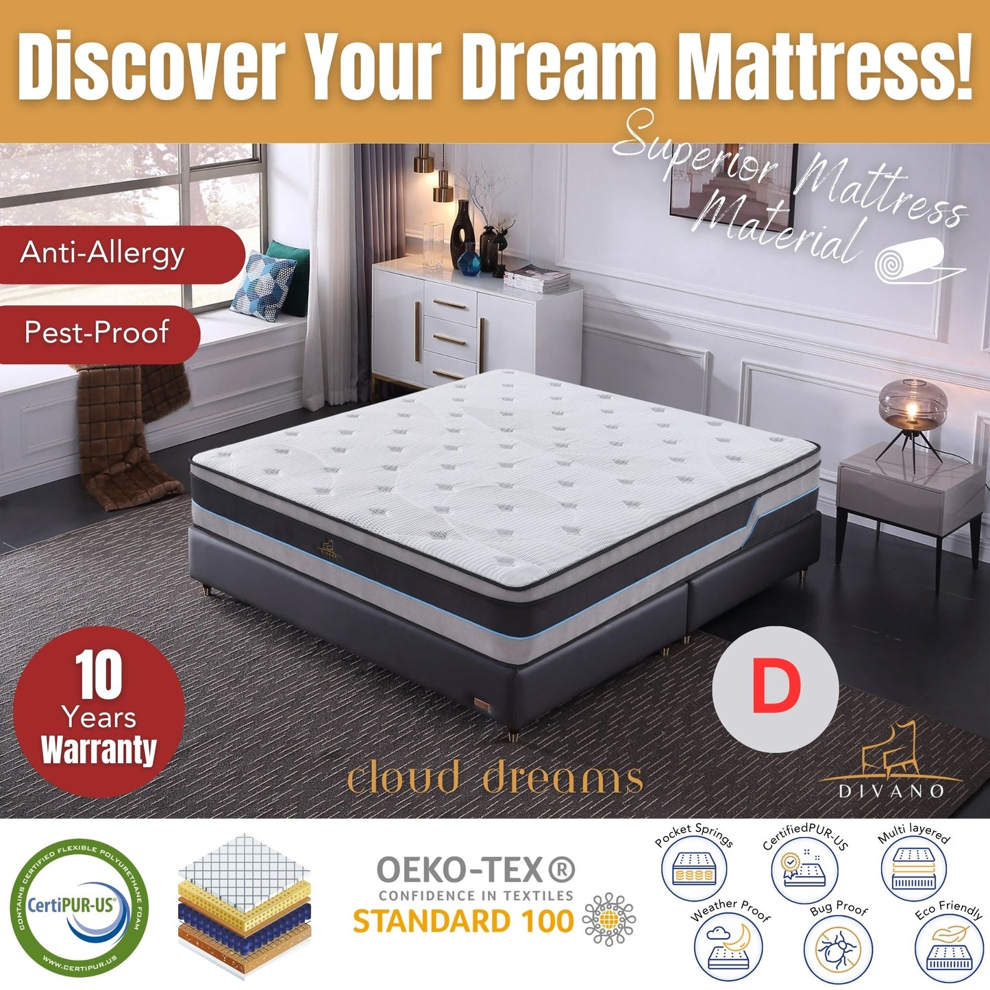 Cloud Dreams Double Size Pocket Spring Luxury Plush Top 28cm Mattress