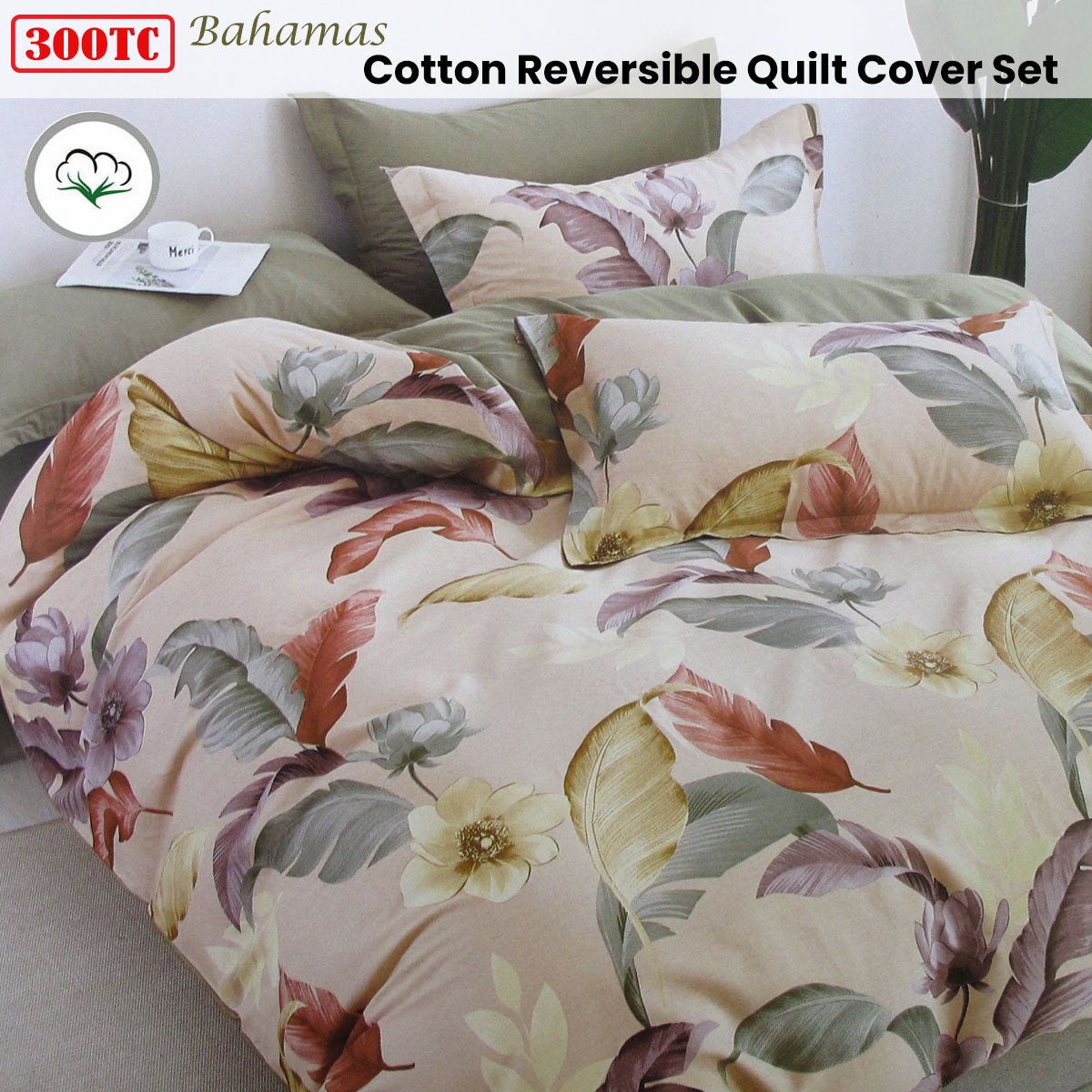 300TC Bahamas Taupe Reversible Cotton Quilt Cover Set Queen